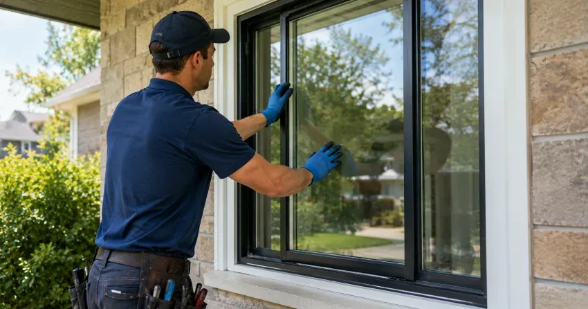 technician measuring a broken window pane for replacement in CityPlace, Toronto