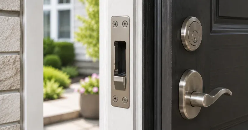 technician repairing a split door jamb near the strike plate in Danforth, Toronto