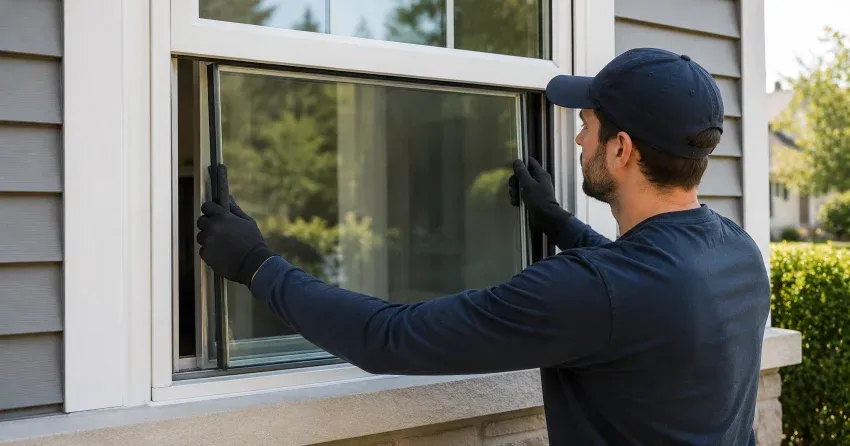 technician boarding up broken window during emergency glass repair Morningside, Toronto
