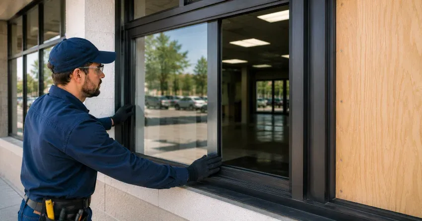 technician boarding a broken window after a break-in in West Humber-Clairville, Toronto