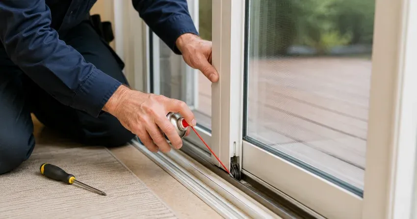 technician inspecting door hinge hardware and alignment in Mimico, Toronto