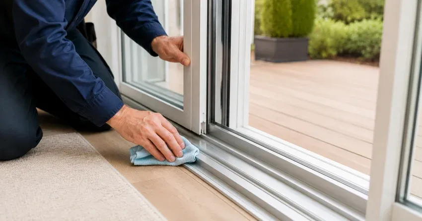 technician inspecting a sliding patio door track in CityPlace, Toronto