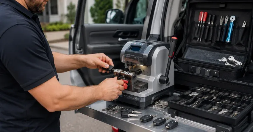 technician cutting a replacement car door lock key in West Humber-Clairville, Toronto