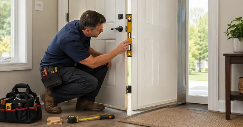 technician diagnosing a misaligned door frame in Dufferin Grove, Toronto