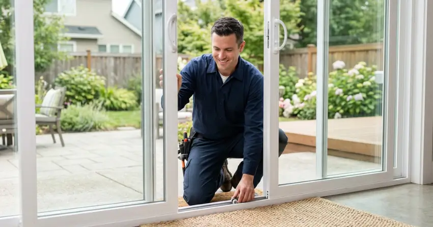 technician diagnosing a sticking patio door in West Humber-Clairville, Toronto