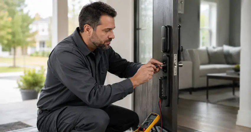 technician diagnosing automatic door lock mechanism on residential door in Mimico, Toronto