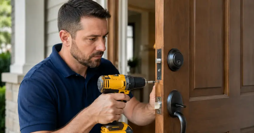 technician installing a new deadbolt during Change Door Lock St. James Town, Toronto service