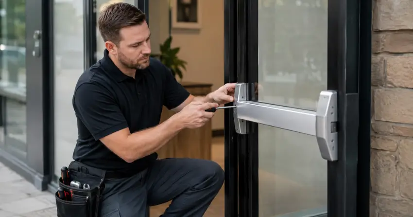 commercial locksmith repairing exit device on storefront door Mimico, Toronto