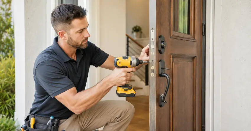 locksmith installing new deadbolt lock on front door in Danforth, Toronto