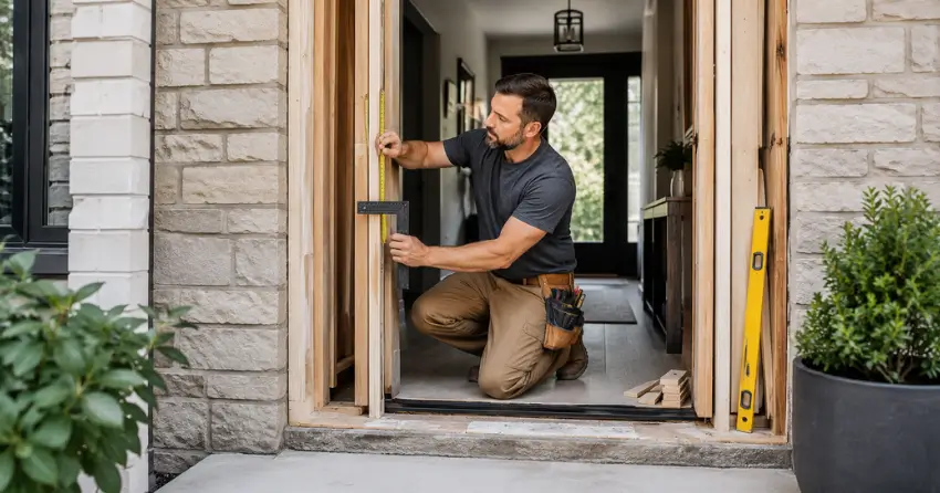 exterior door installer assessing rough opening in CityPlace, Toronto