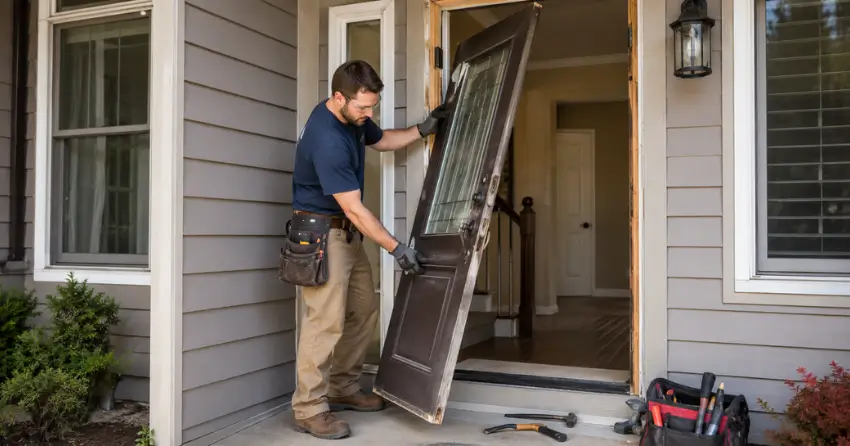old exterior door being removed for replacement in Mimico, Toronto