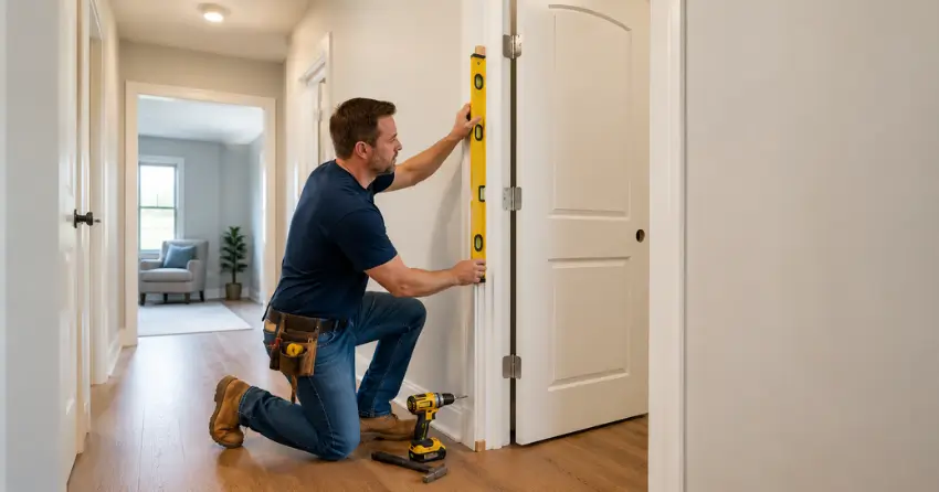 technician installing a pre-hung interior door in a home hallway CityPlace, Toronto