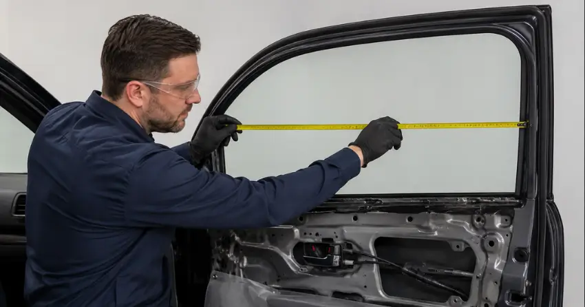 technician measuring door glass opening for replacement in St. James Town, Toronto