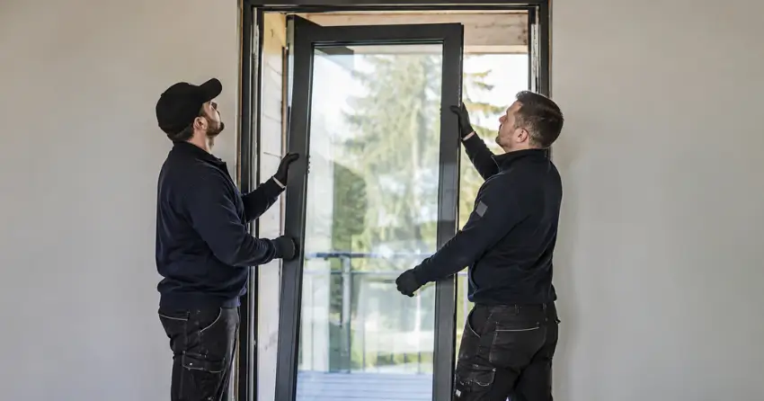 new glass panel being fitted into door frame in West Humber-Clairville, Toronto