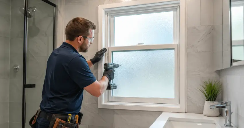 frosted glass installation bathroom window in Downsview, Toronto