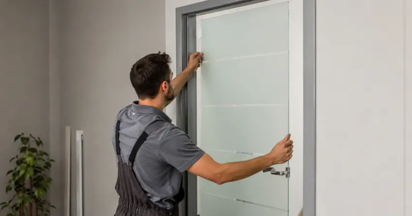 frosted glass interior door panel installation in CityPlace, Toronto