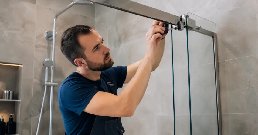 technician adjusting shower door hinge and track in The Peanut, Toronto