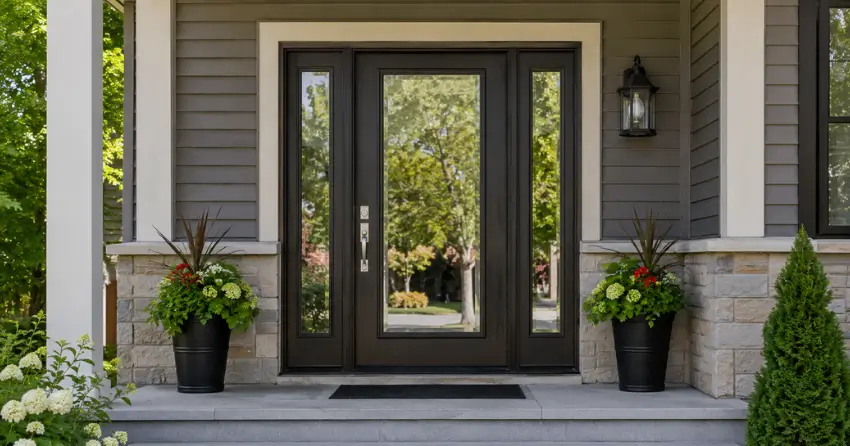 glass entry door with sidelights on a home in Ionview, Toronto