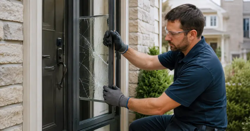 technician removing cracked storm door glass panel in Ionview, Toronto