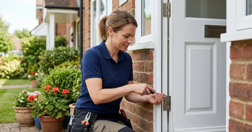 technician repairing exterior door hinge and frame in St. James Town, Toronto