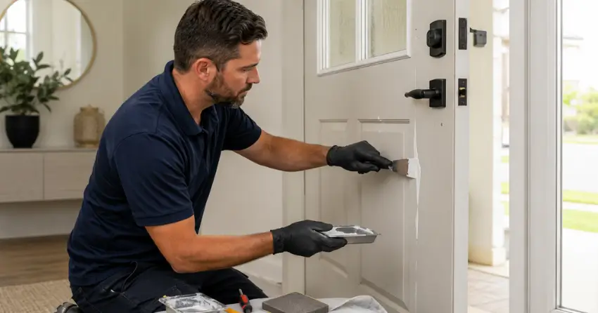 technician repairing fiberglass door surface crack in St. James Town, Toronto