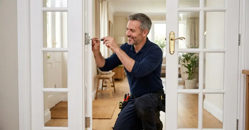 technician adjusting French door hinge for proper alignment in Dufferin Grove, Toronto