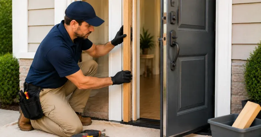 technician inspecting damaged door frame corner in CityPlace, Toronto